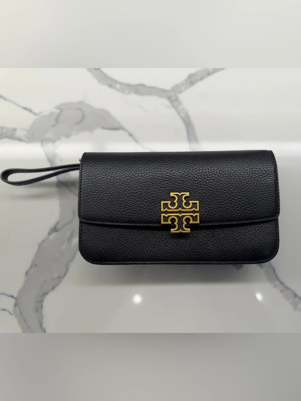 Tory Burch Black Leather Crossbody with Gold Chain and Logo